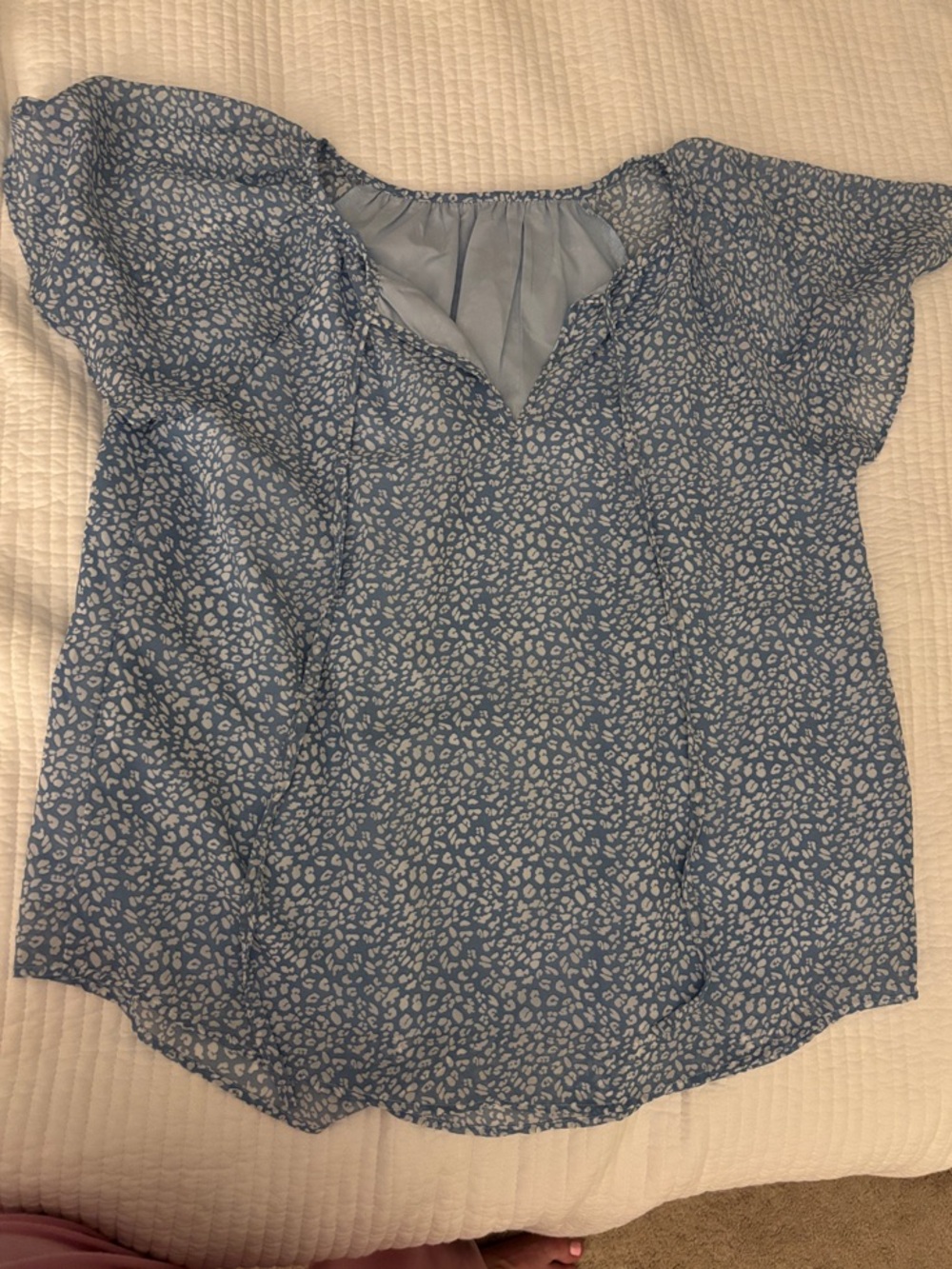 Light Blue Printed Flutter Sleeve Blouse - Women